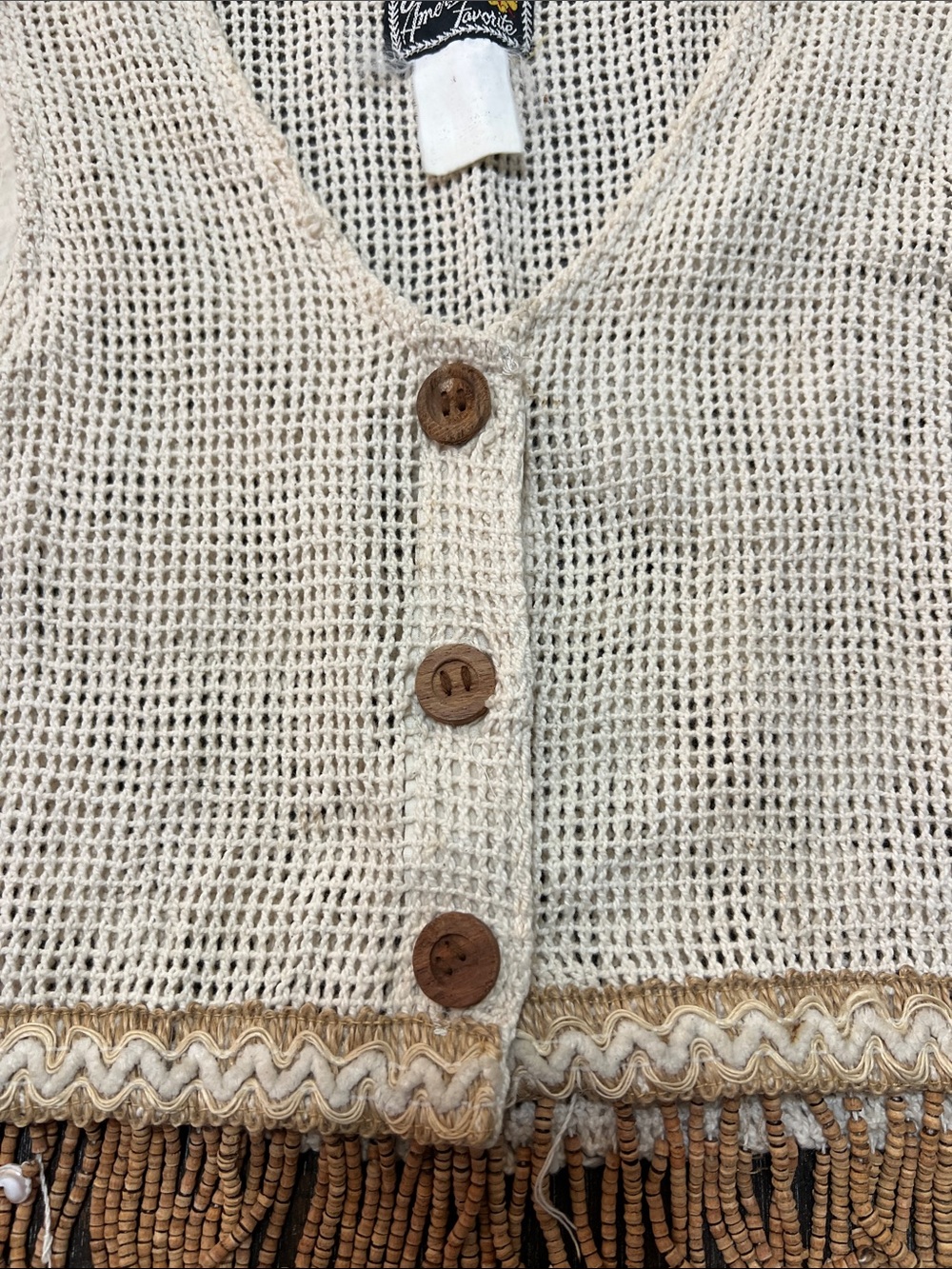 Vintage Jou Jou Cream Open-Knit Crochet Vest with Beaded Accent. Boho - Picture 4 of 7